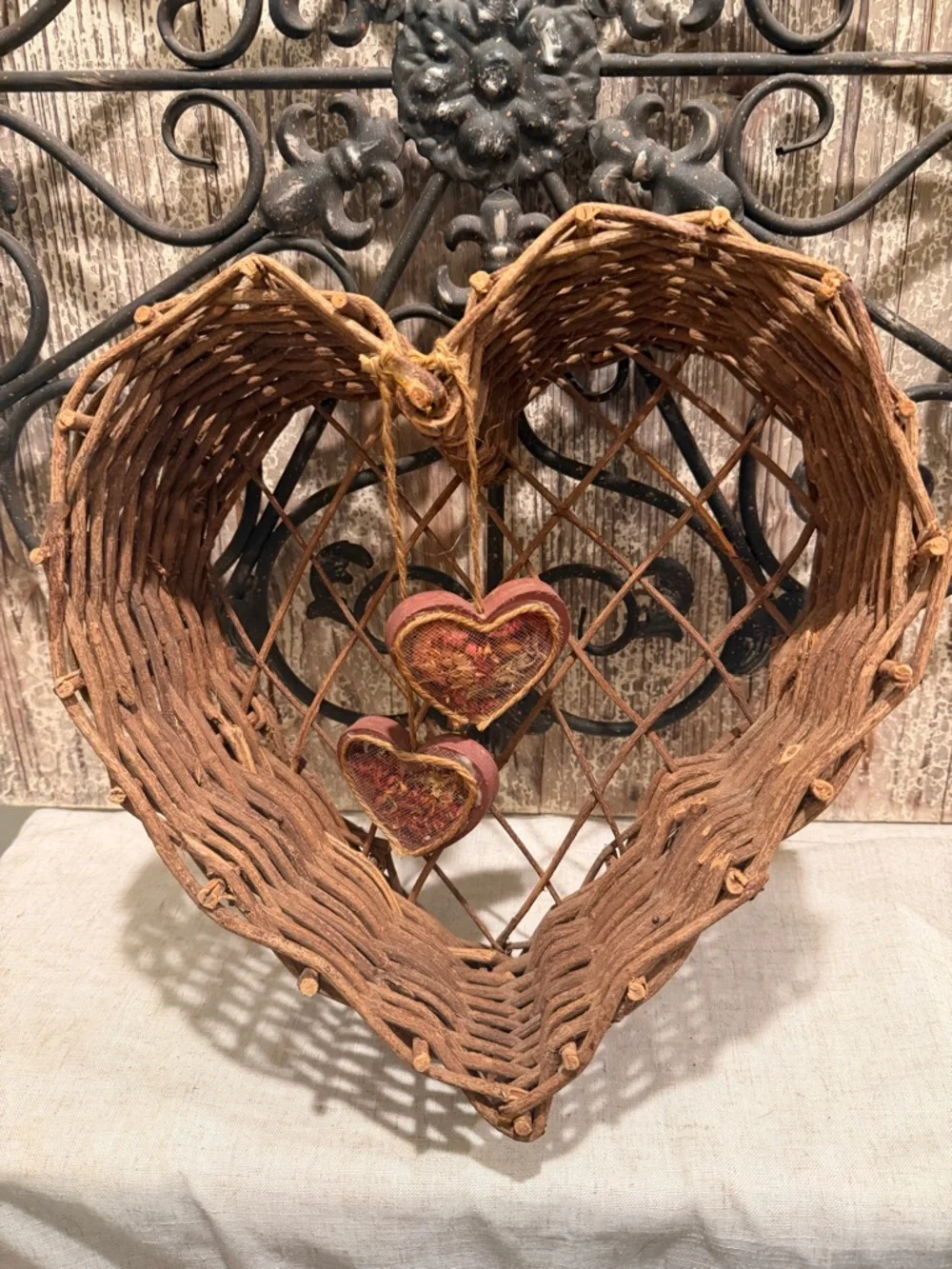 Woven Heart Wall Basket with Hanging Hearts grandmacore grannycore heart shelf